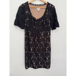 Loft Black Lace Dress Size 6 Scoop Neck Short Sleeve MIDI Cocktail Event EUC